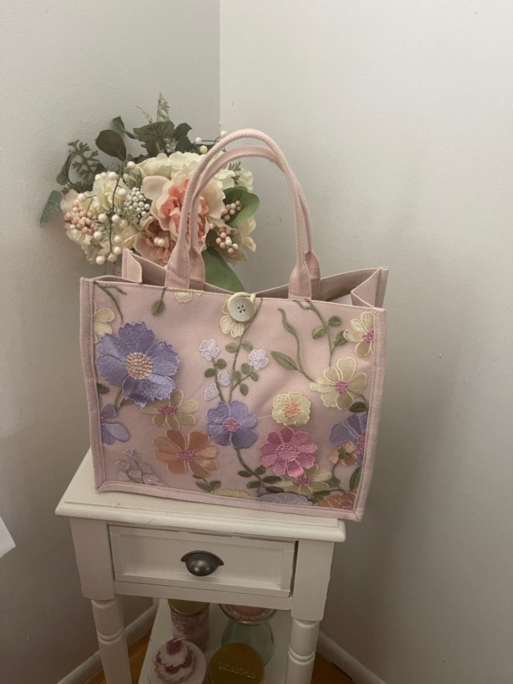Floral Pastel Flower Embroidered Light Weight Pink Tote Bag